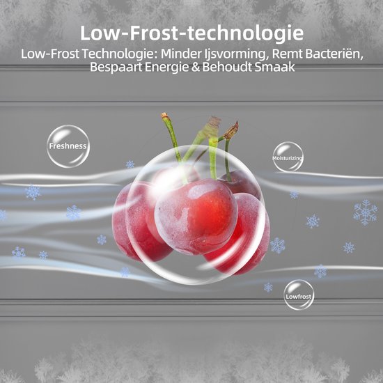 Kersen omringd door bubbels en sneeuwvlokken, met tekst over Low-Frost technologie.
