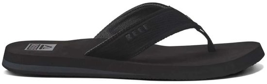 Zwarte Reef slipper met een stoffen band en Reef logo op de zool.