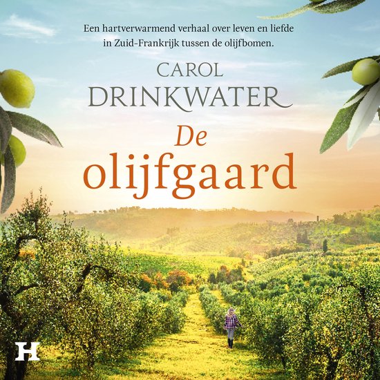 Boekomslag: Een mannetje in geruite jas loopt over een pad tussen olijfbomen in de Provence. Titel: De olijfgaard.