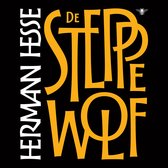 Boekomslag met de titel "DE STEPPENWOLF" in grote gele letters op een zwarte achtergrond. "HERMANN HESSE" staat verticaal aan de linkerzijde in witte letters. Een kleine afbeelding van een bij is zichtbaar in de rechterbovenhoek.