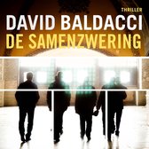 Boekcover van "De samenzwering" van David Baldacci. Titel en auteursnaam in grote letters. Op de achtergrond vier mannen in silhouet.
