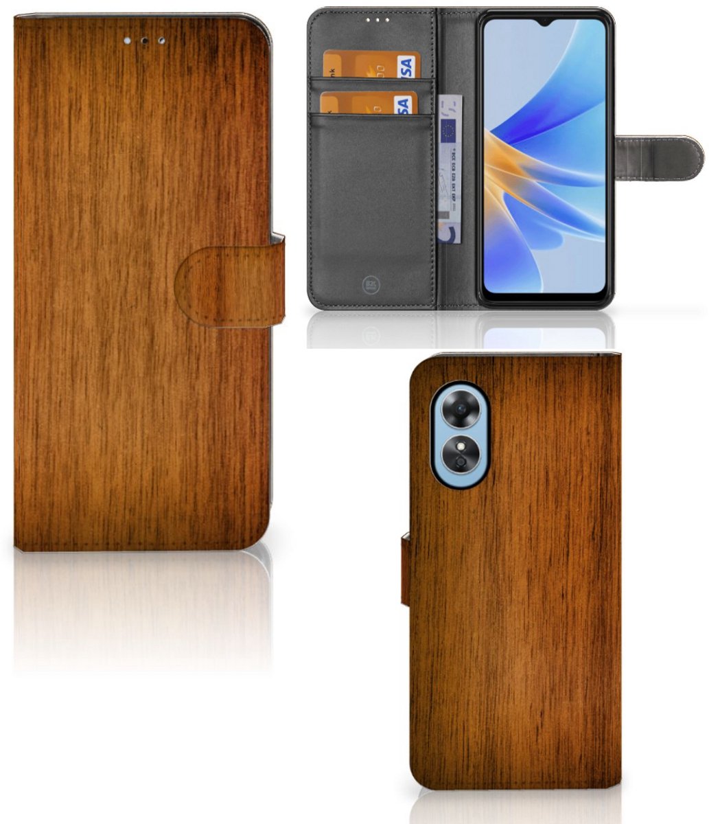 Book Case voor OPPO A17 Book Style Case Donker Hout