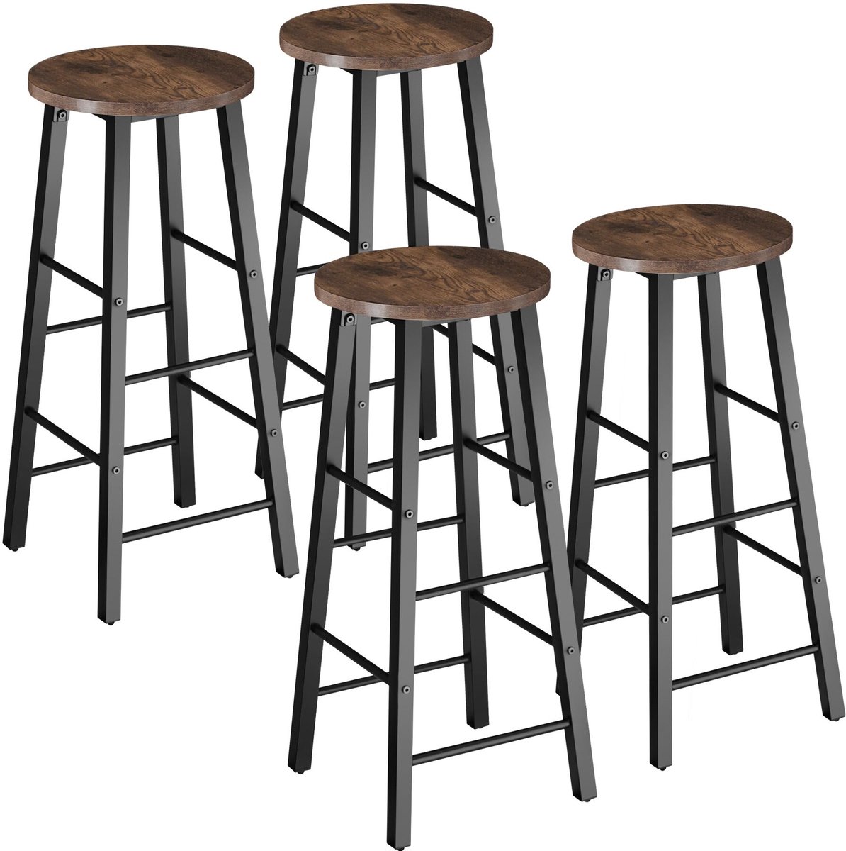 tectake® Barkruk - Ronde Bistrokruk - Set van 4 - Barkrukken - Vintage Barstoel met Voetsteun - Zitting van MDF-hout - Industrieel design - Eetkamerstoelen - Barstoelen - Draagkracht kruk 120 kg - Afmeting (LxBxH) 31 x 31 x 72,5 cm - Donkerbruin