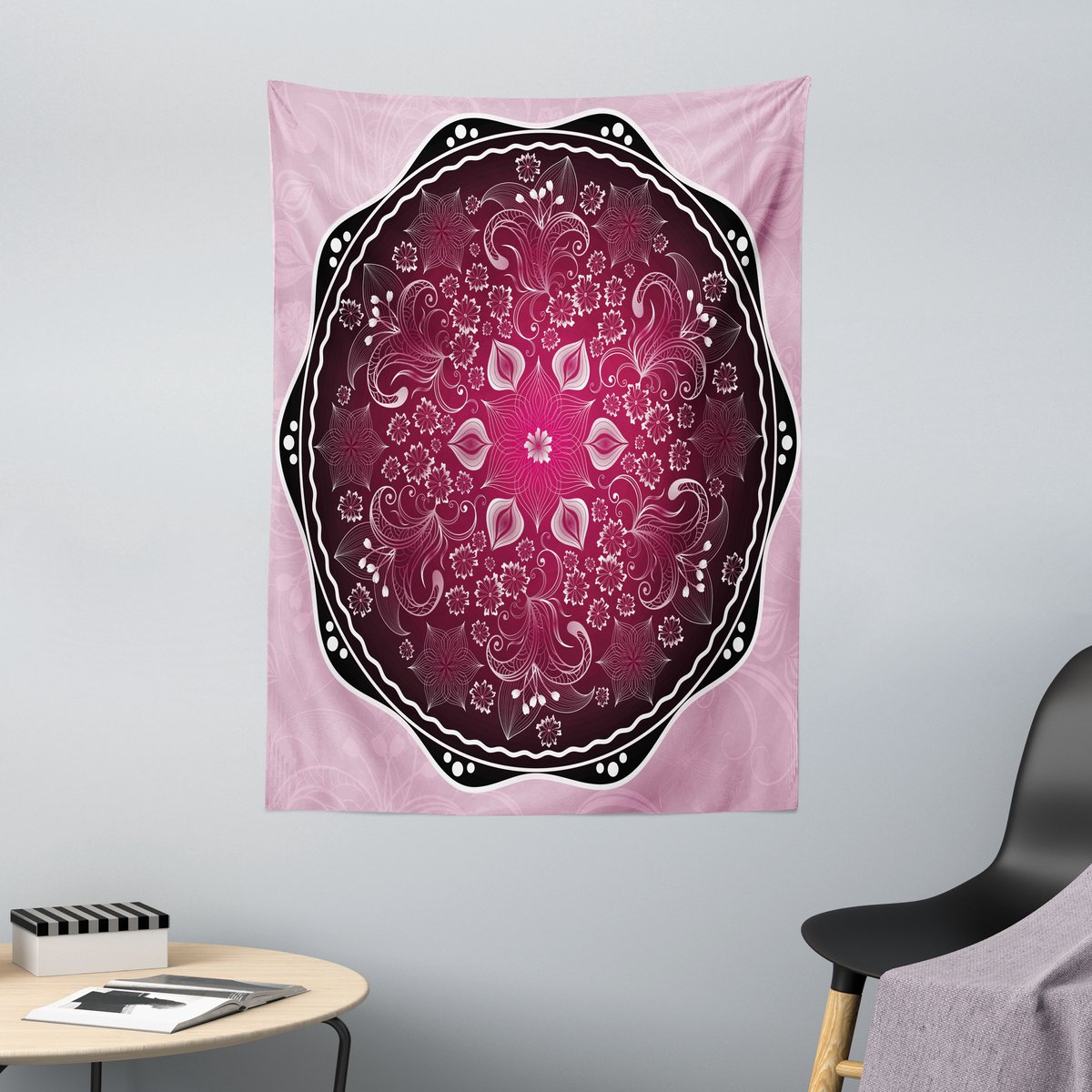 ABAKUHAUS Paars Mandala Wandtapijt, Klassieke Barokstijl, 110 x 150 cm, Zwart Babyroze Kastanjebruin Zwart