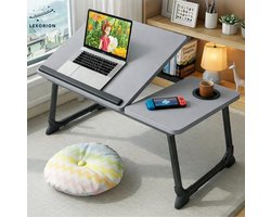 Lexorion Prakstisch Pro – Laptoptafel voor Bed en Bank – Inklapbare Bedtafel met 4-Niveaus Kantelstand – Lapdesk met Bekerhouder – Draagbare Laptoptafel 60×37×26 cm - Grijs