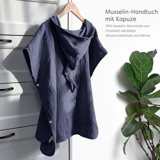 Badponcho voor Kinderen - Capuchonhanddoek van 100% Mousseline Katoen - 60 x 60 cm - Blauw — afbeelding 5