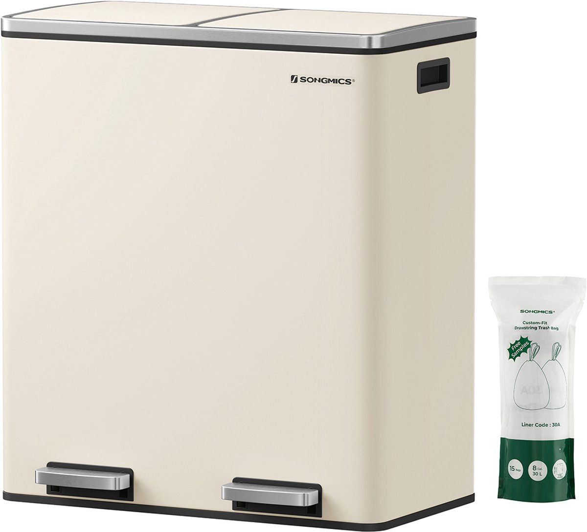 Recyclingbak – Plastic – Crème – 60L 2-compartimenten met soft-close deksels