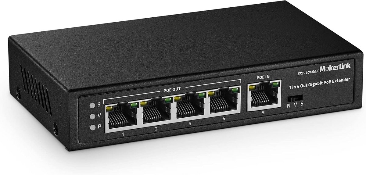 PoE Extender 5-Poorts Gigabit Switch - Repeater voor PoE In/Uit - Wandmontage