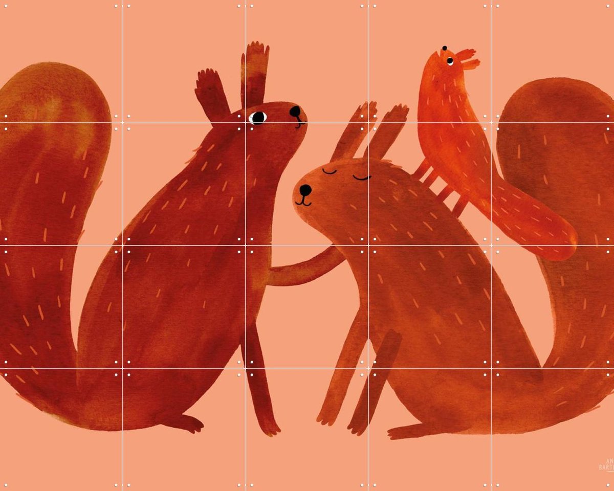 IXXI Squirrel Family, Aniek Bartels - 100 x 80 cm - Gratis ophangtool - Grote wanddecoratie en posters - Kleurrijk, Fantasierijk, Cartoonesk