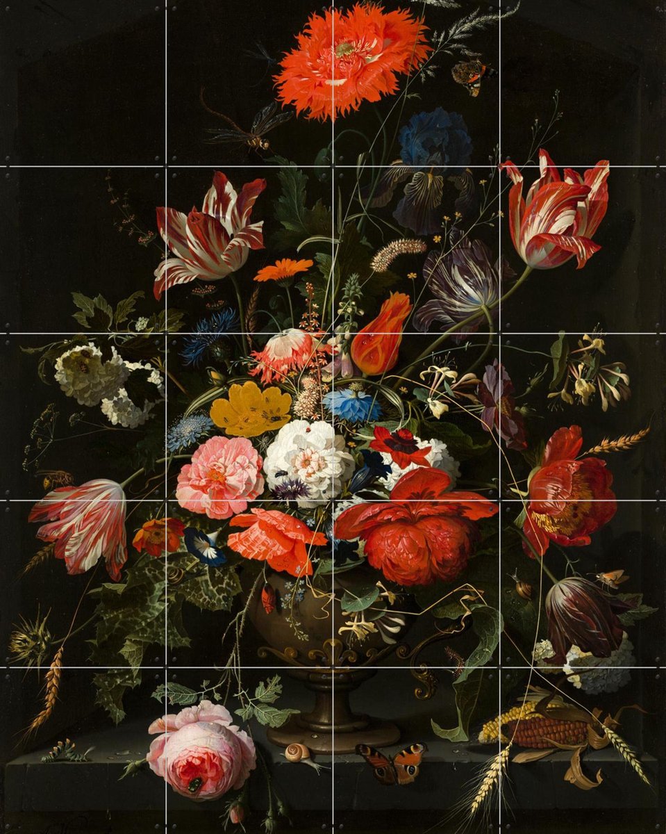 IXXI Bloemen in een metalen vaas, Abraham Mignon & Mauritshuis - 80 x 100 cm - Gratis ophangtool - Grote wanddecoratie en posters - Olieverf