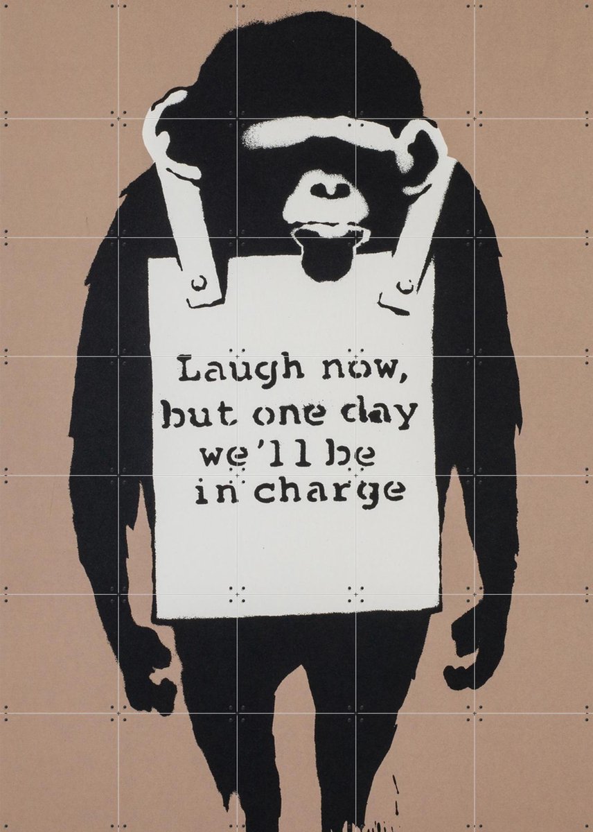 IXXI Laugh Now, Banksy - 100 x 140 cm - Gratis ophangtool - Grote wanddecoratie en posters - Pop art, Houtsnede, Illustraties, Street art, Grafisch