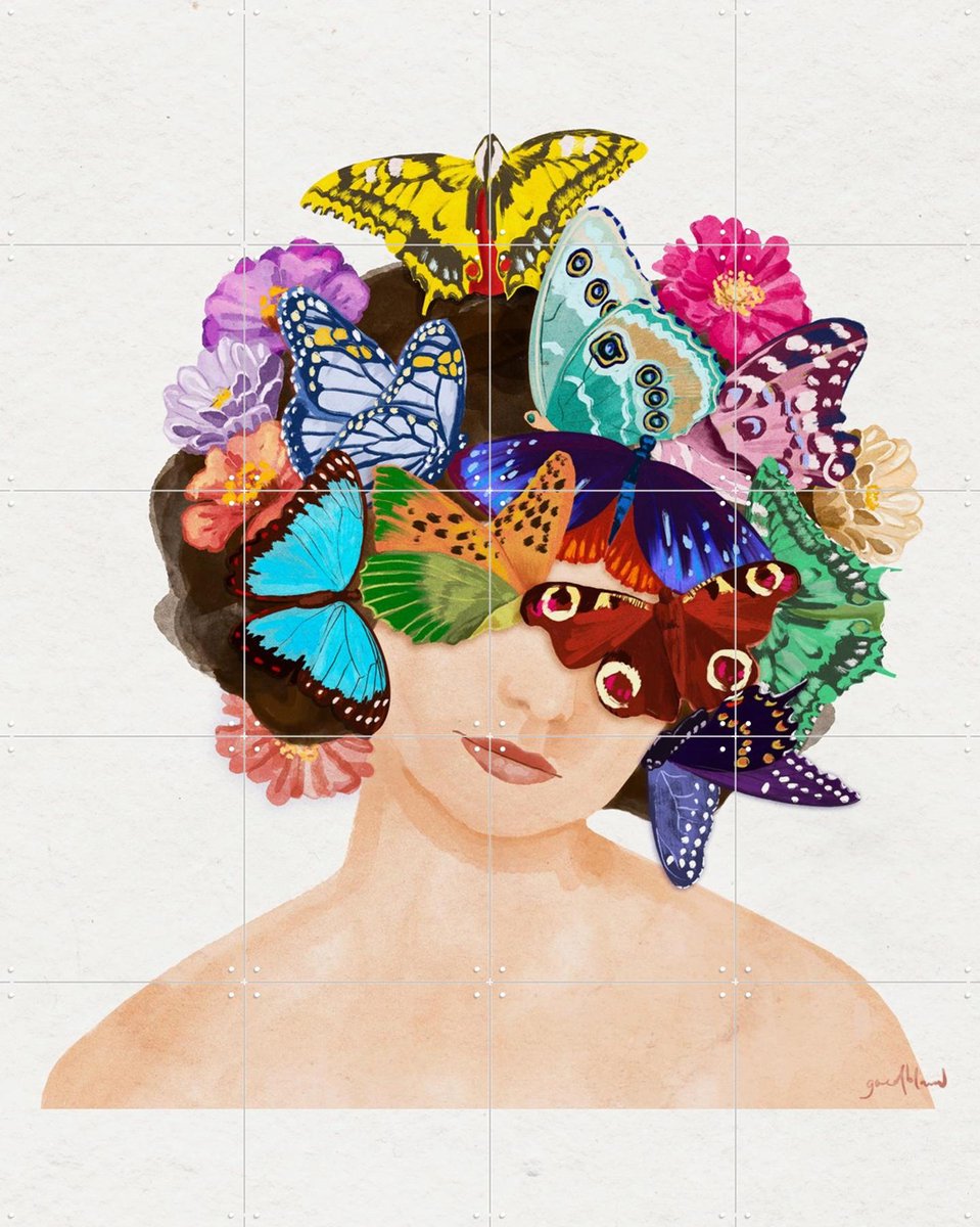 IXXI Butterfly Head, Goed Blauw - 80 x 100 cm - Gratis ophangtool - Grote wanddecoratie en posters - Illustraties, Kleurrijk, Aquarel, Speels