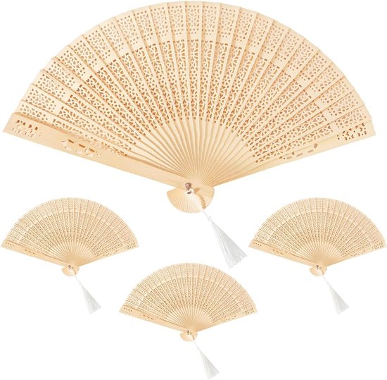 Handwaaiers van bamboe voor bruiloft en decoratie - Vouwbare opvouwbare Chinese waaiers met kwasten - Set van 4 stuks