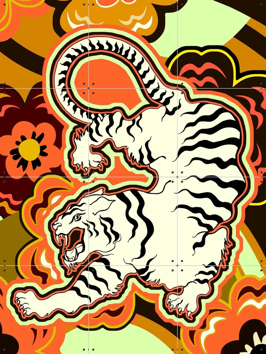 IXXI White Tiger Japanese Flowers Ochre Orange, Marylène Madou - 60 x 80 cm - Gratis ophangtool - Grote wanddecoratie en posters - Illustraties