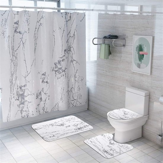 4-delige Antislip Badkamerset met Marmerprint: Badmat, Toiletmat, Voetmat en Douchegordijn