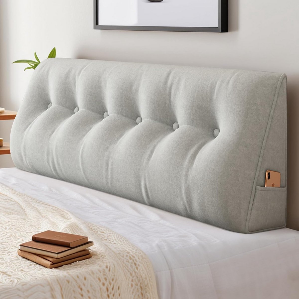 Groot Wigvormig Rugkussen voor Bed en Bank - 2-in-1 Leeskussen met Hoofdkussen en Zijvak