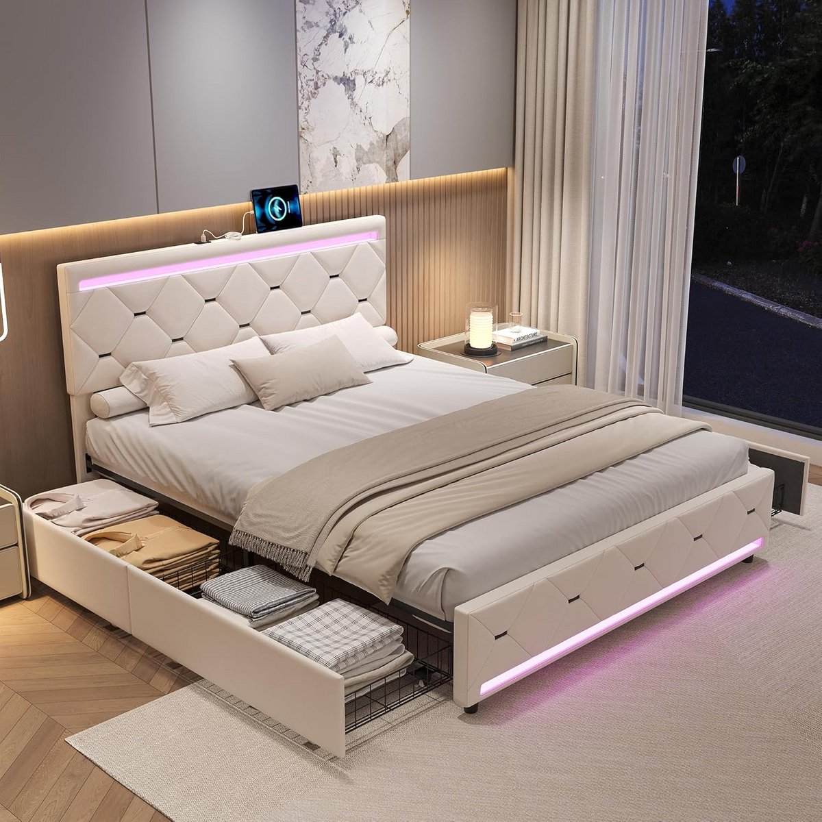 Tweepersoonsbed 160x200 cm met Opbergruimte, LED Verlichting en USB Oplaadfunctie