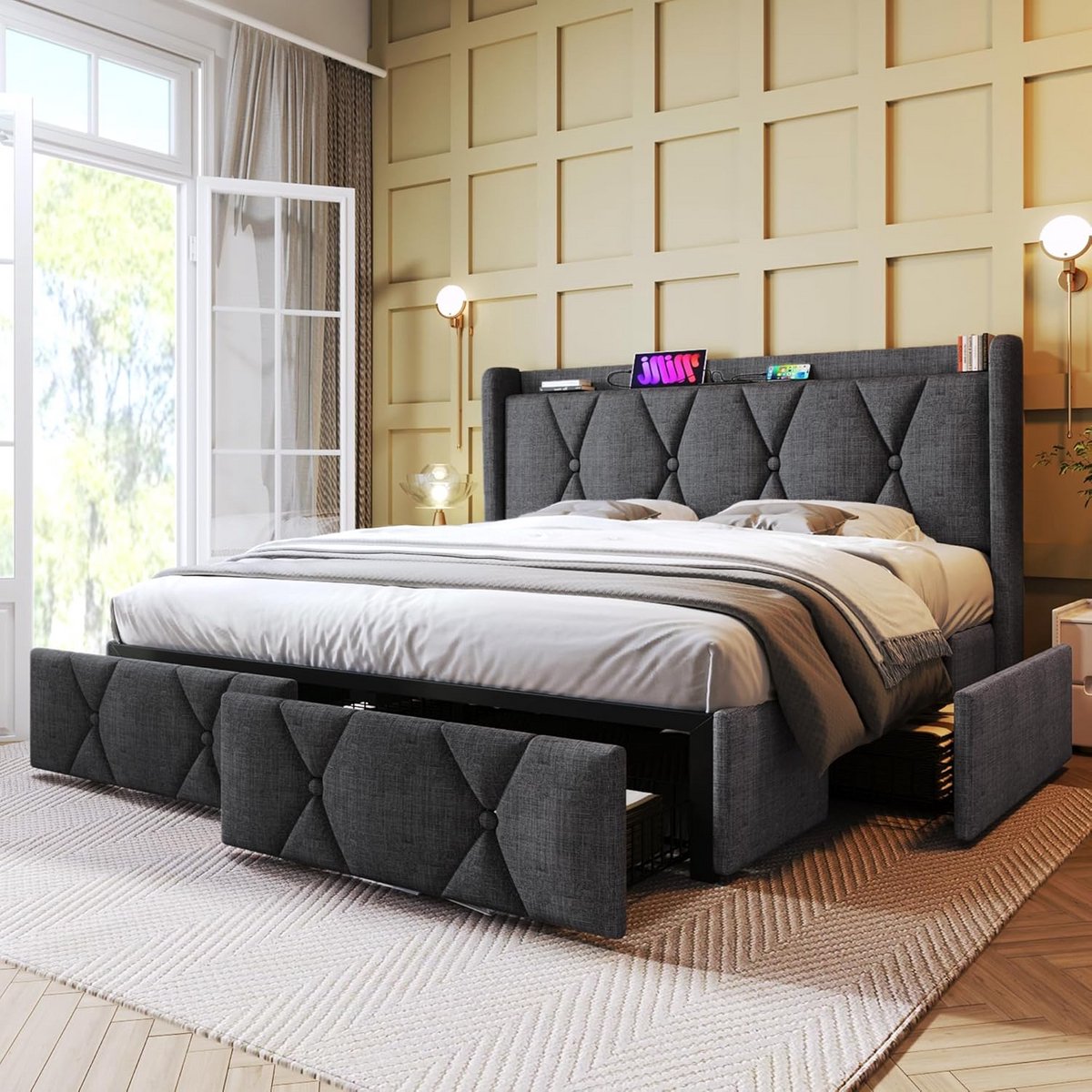 Tweepersoonsbed 140x200 met Opbergruimte, USB-poorten en Hoofdeinde