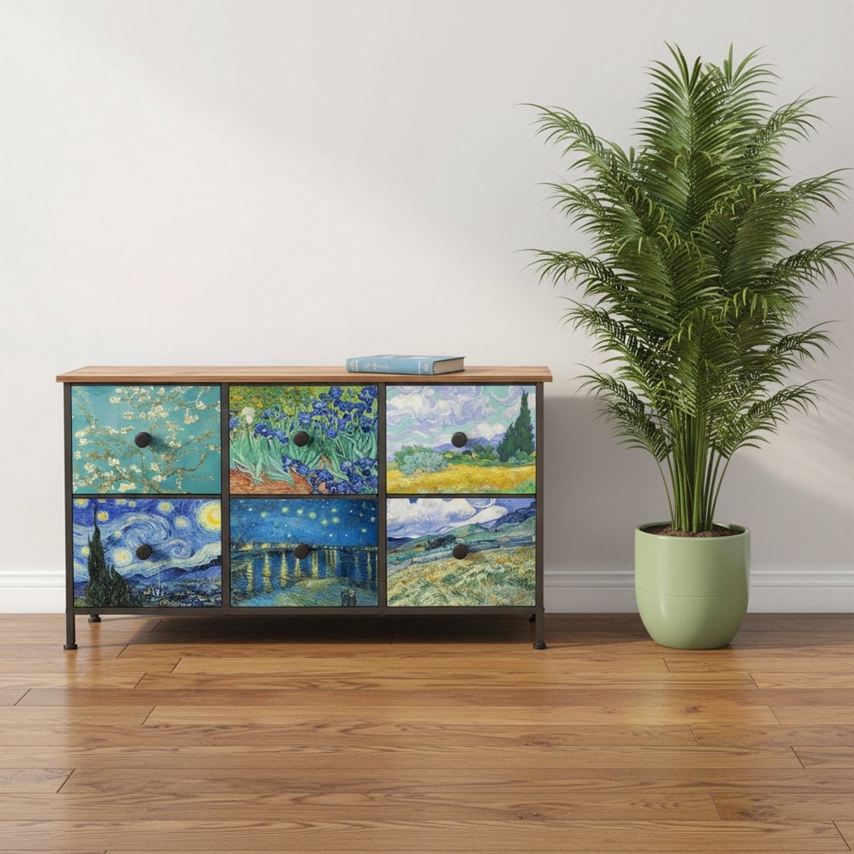TRANKIELO® - Elegante commode met 6 lades - Van Gogh patroon - Duurzaam metalen frame - Ideaal voor slaapkamer en woonkamer
