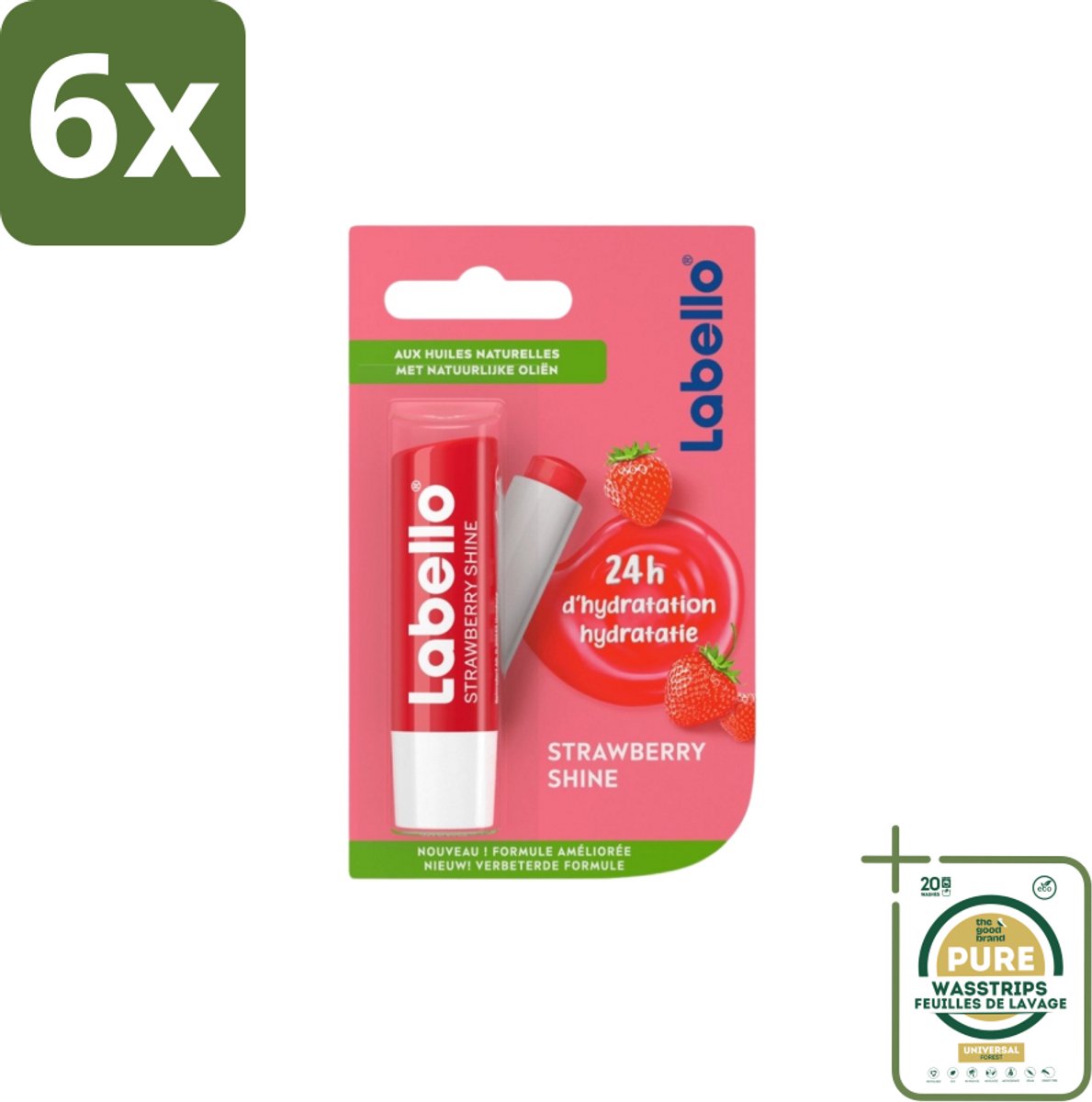 Labello – Lippenbalsem – Strawberry Shine - Voordeelverpakking - 6 stuks - Glans - Hydratatie