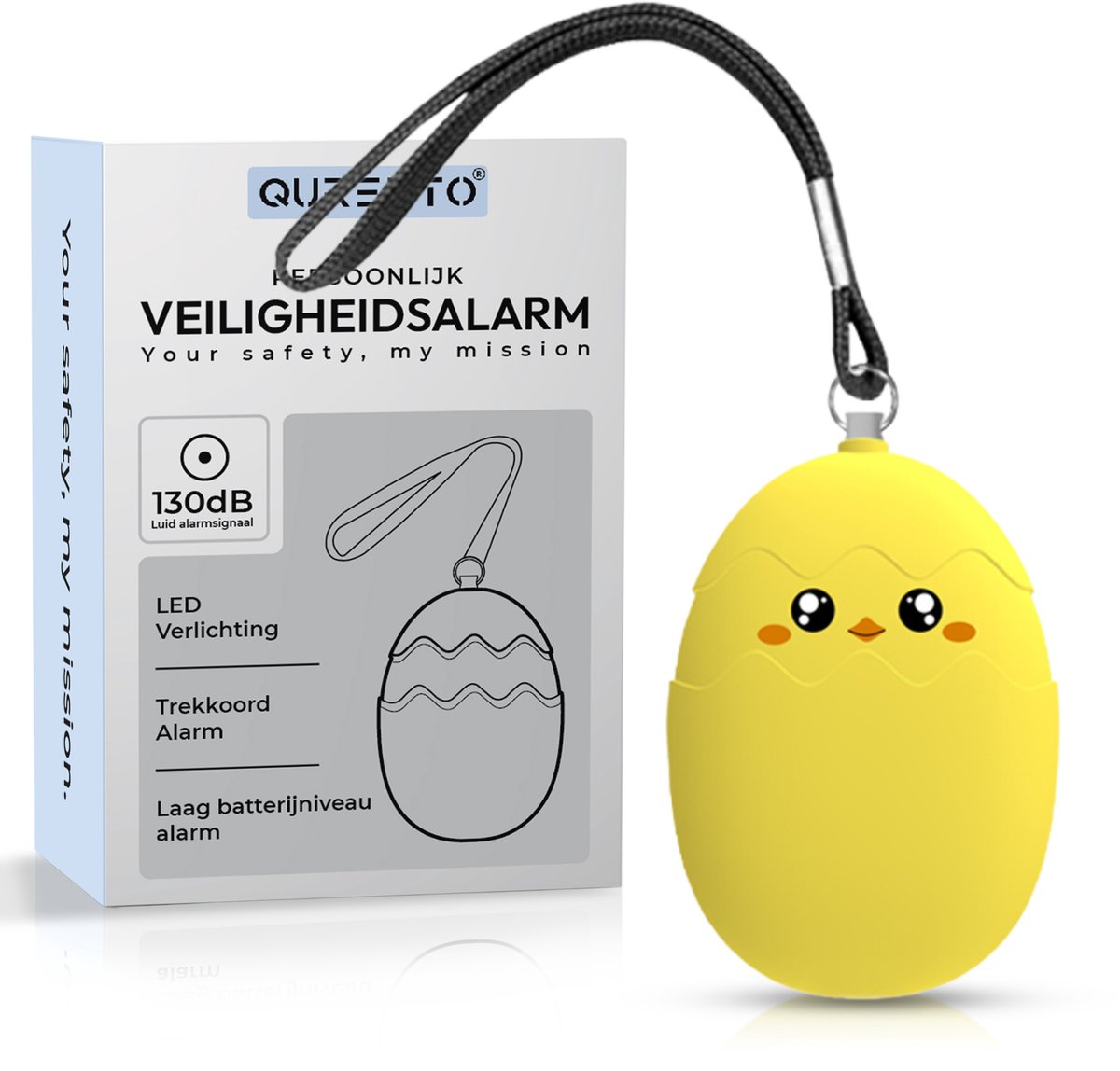 QURETTO® - Persoonlijk Alarm - 130 dB - Alarmknop voor Ouderen, Vrouwen & Kinderen - Zelfverdediging - Sleutelhanger - Zaklamp