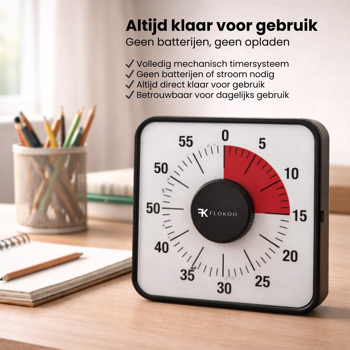 Leerklok Zwart - 19cm x19 cm - Aftelklok - Kookwekker Analoog - Leer Klok kijken — afbeelding 9