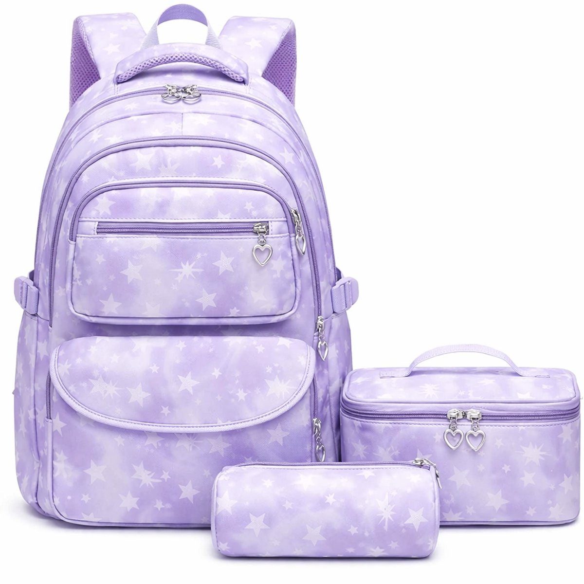 Ultiluxe® 3-delige rugzak sterren - Lila/paars - 30 x 17 x 44 cm - Rugtas, lunchtas, etui - 15.6 inch laptoptas - Schoolrugzak voor kinderen - School set voor meiden - 22 L - Schooltas voor meisjes - Schoolrugtas met hartjes ritssluiting