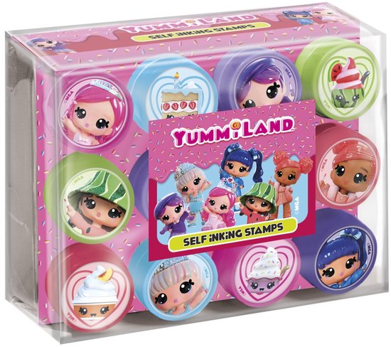 Doos Yummiland zelfinktende stempels 12 stuks. Stempels met poppetjes en gebakjes in roze, paars, groen, blauw en rood, in een transparante verpakking.