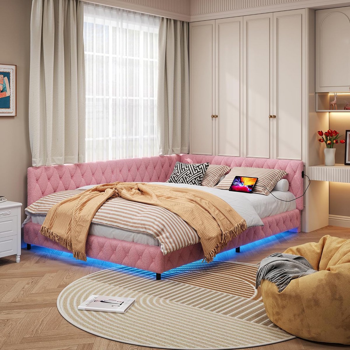 Luxe Gestoffeerd 140x200cm Slaapbank met LED Verlichting en USB Oplaadpunt - Tweepersoonsbed met Hoofdbord