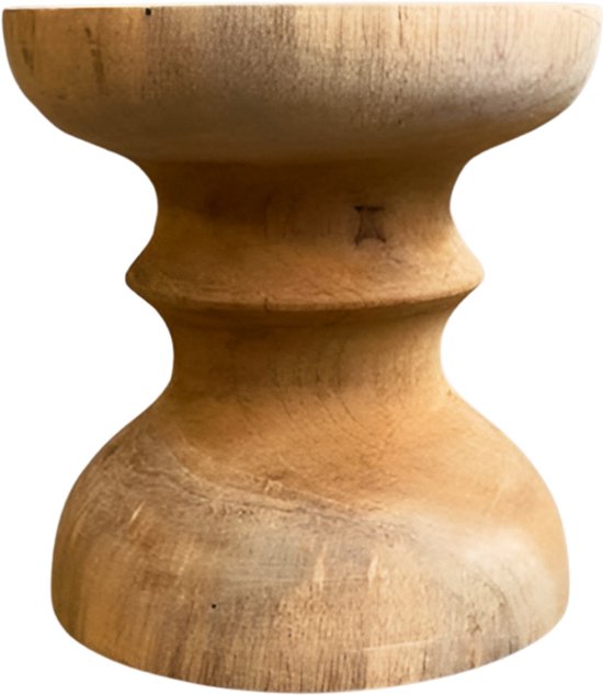 Houten kandelaar, S, 12 cm, met een zandlopervormige voet en een rond dienblad.