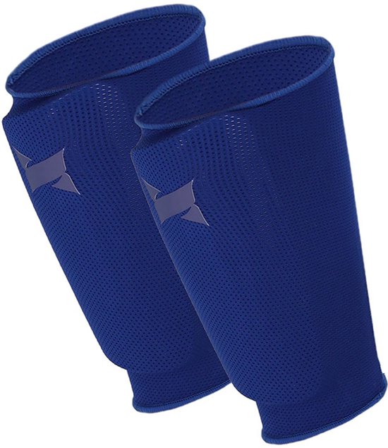 Deux manches de protège-tibias bleu marine perforées avec un logo gris.