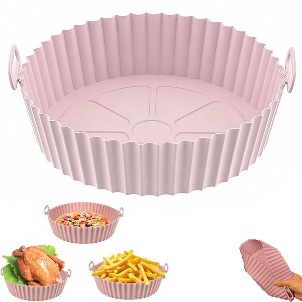 Siliconen pot voor luchtfriteuse - Siliconen luchtfriteuse voering line - Siliconen binnenbak voor airfryer - Herbruikbaar - Vervanging voor brandbaar bakpapier - Ronde antiaanbakmand voor airfryer - Ovenaccessoires - 17.5*5CM - roze