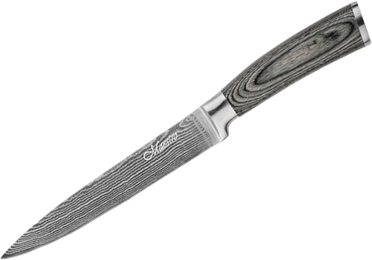 Maestro MR-1483 Damascus Universeel Keukenmes - 7” (18 cm) - Hoogwaardig Damaststaal - Ergonomisch Houten Handvat - Inclusief Luxe Cadeauverpakking - Zilver/Bruin