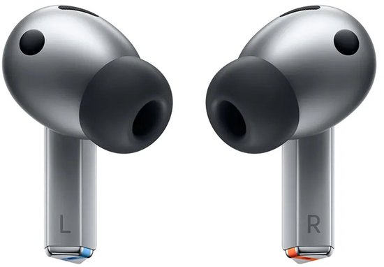 Linker en rechter Samsung Galaxy Buds3 Pro, zilverkleurig, met zwarte oordopjes.