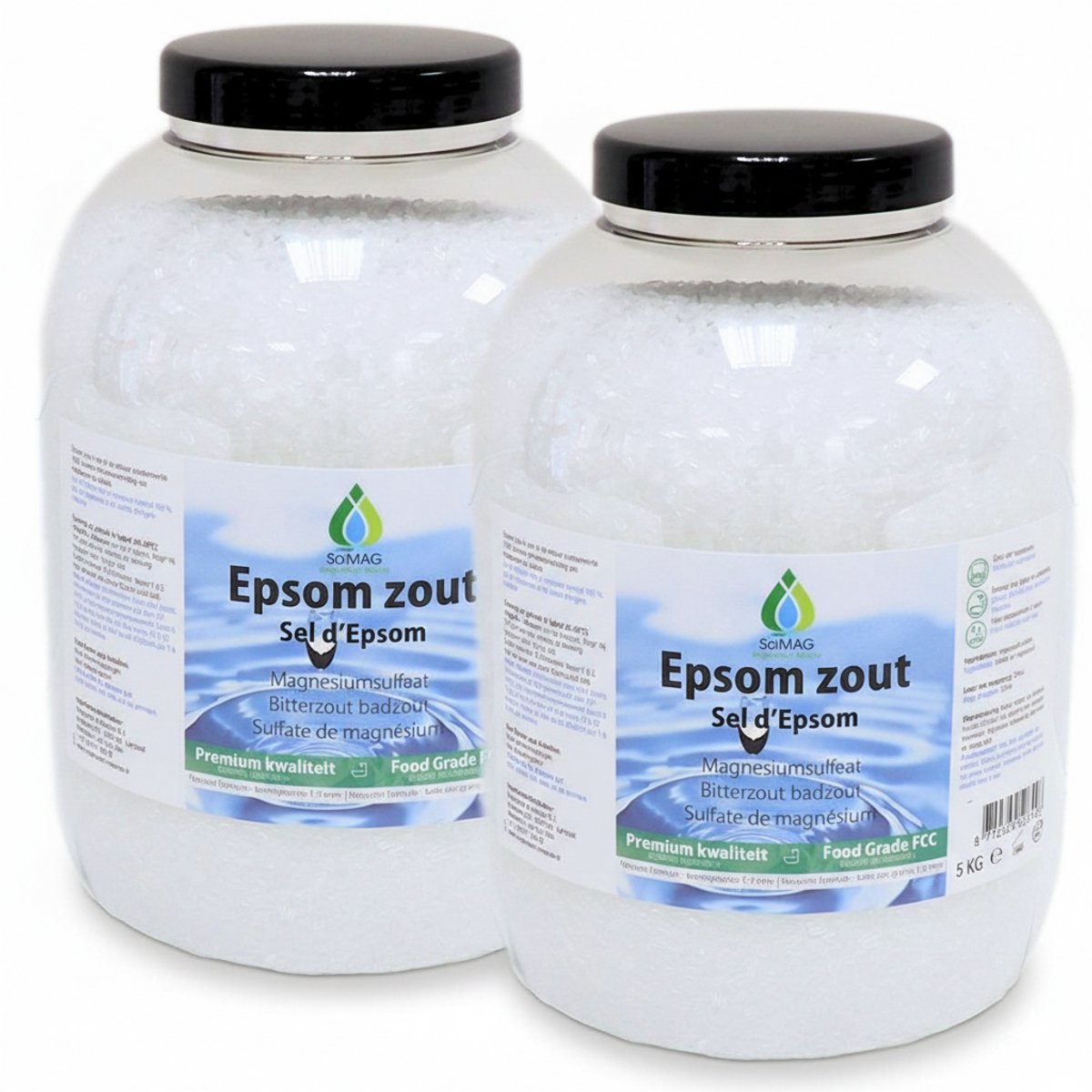Epsom zout – Set 2x 5 KG pot – Badzout - Magnesiumsulfaat 49% FCC Food Grade Kwaliteit van SoLMAG - 1-3 mm korrelgrootte - Bitterzout - Magnesium Sulfate - Epsomzout - Epsom Salt - Sal de Epsom – Epsom zoutbad – Voetenbad – In luxe PET pot (BPA vrij)