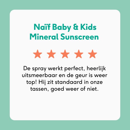 Review van Naïf Baby & Kids minerale zonnebrandspray met 5 sterren.