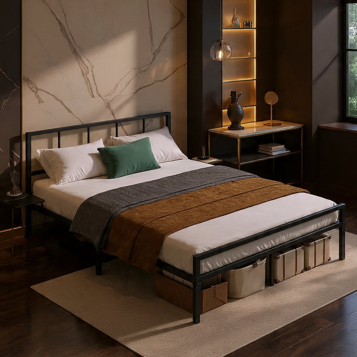 Modern Tweepersoonsbed 140x200 cm met Hoofdeinde en Opbergplanken – Robuust Metalen Bedframe voor Tieners en Volwassenen – Logeerbed met Opbergruimte Onder Bed – Inktzwart - House&Garden