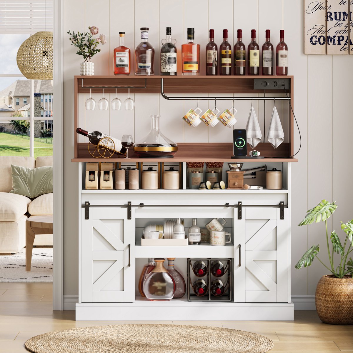 MODFU - Koffiebar Kast - Met Glazenhouder En Stopcontacten - Met Schuifdeuren - MDF - Wit En Naturel - 120 X 40 X 130 Cm