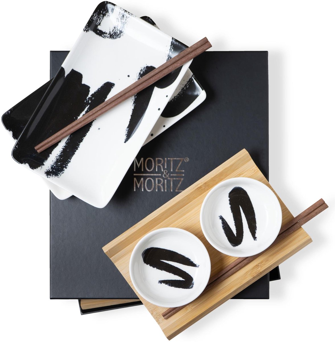 Moritz & Moritz 10-delige sushiset penseelstrepen zwart voor 2 personen zwart