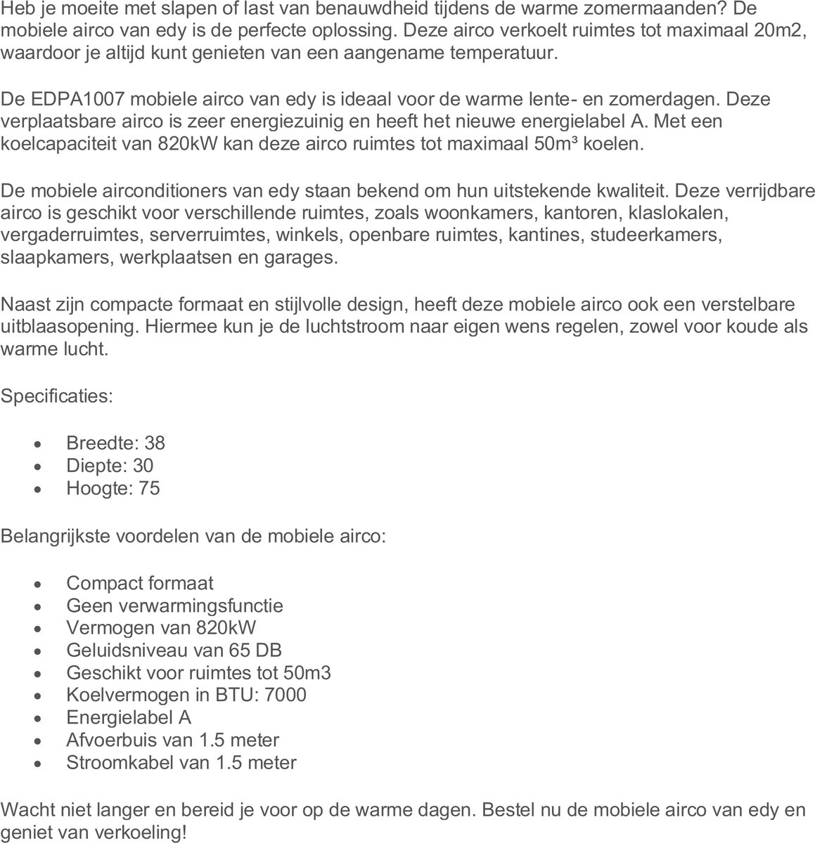 Edy EDPA1007 Mobiele Airco met Koelfunctie - afbeelding 2