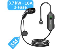 Mobiele Thuislader type 2 vanaf stopcontact - 5 meter - 3,7 kW - IP67 Waterdicht - 6A/8A/10A/13A/16A - 1 Fase - TPU kabel - Uitgesteld laden functie / Timer functie / Memory functie | 2 Jaar Garantie | Mobiele lader type 2 naar schuko
