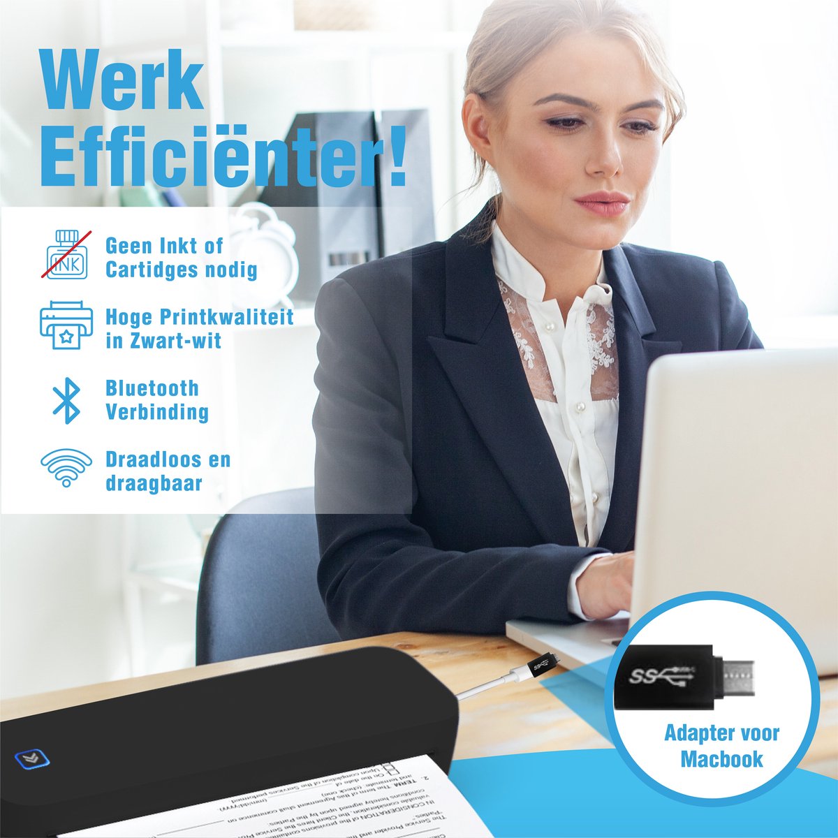 Impressora Térmica® - Thermische A4 printer - Mini Printer voor Mobiel/Tablet/Laptop - 304 DPI - Pocket Printer - Tattoo printer - Inclusief twee rollen thermisch papier - Zwart — afbeelding 5