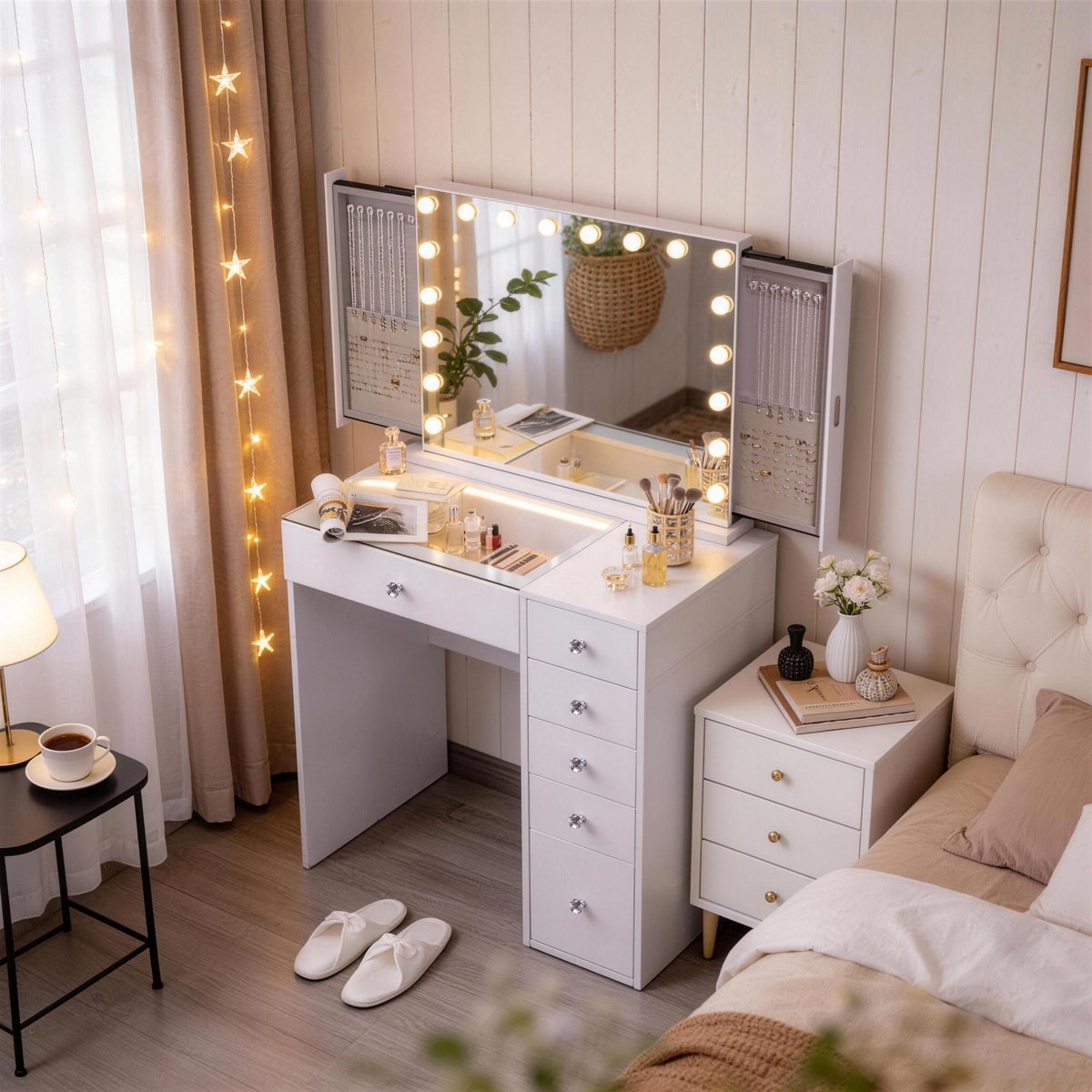 VANITII Make-up Tafel - Met Driekleuren Verlichting - 6 Laden - 92x81x55cm - WIT (Inclusief spiegels)