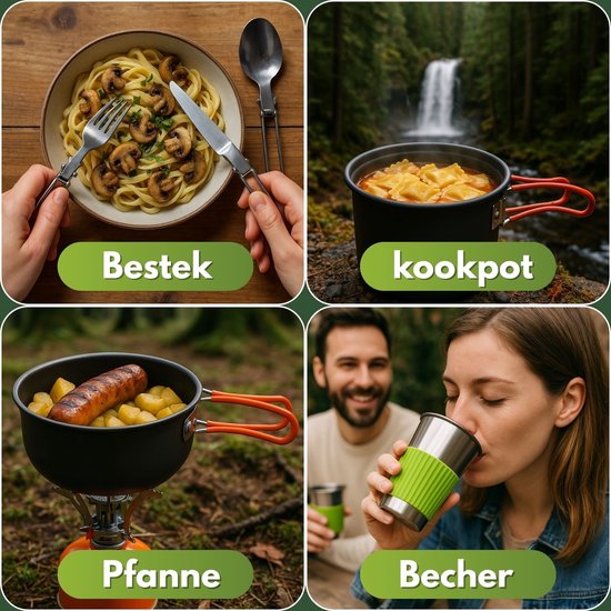 Coemo 7-delige outdoor kookset, oranje, campingfornuis, pannenset met rugzakfornuis, roestvrijstalen beker, mes, vork en lepel voor backpacken, kamperen, wandelen en picknicken — afbeelding 3