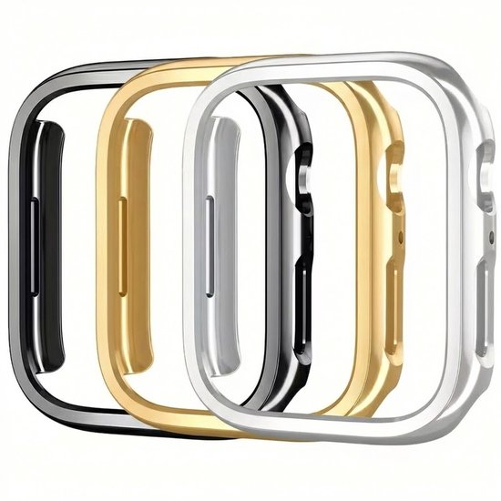 Drie Apple Watch beschermhoezen in zwart, zilver en goud.