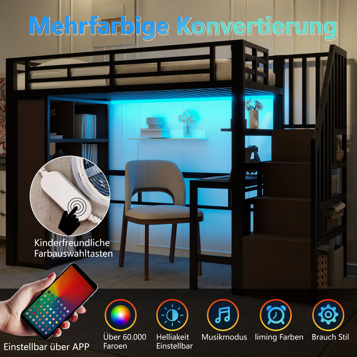 Merax Hoogslaper 90 x 200 cm - met bureau - opbergvak - LED-verlichting - trap met opbergruimte - zonder matras - zwart