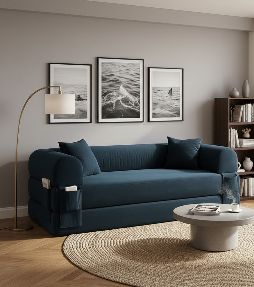 Luxe 3-zits Slaapbank met Slaapfunctie – Moderne Uitklapbare Bankbed voor Woonkamer en Slaapkamer – Fluweel Comfort – Inclusief Kussens – Donkerblauw House&Garden