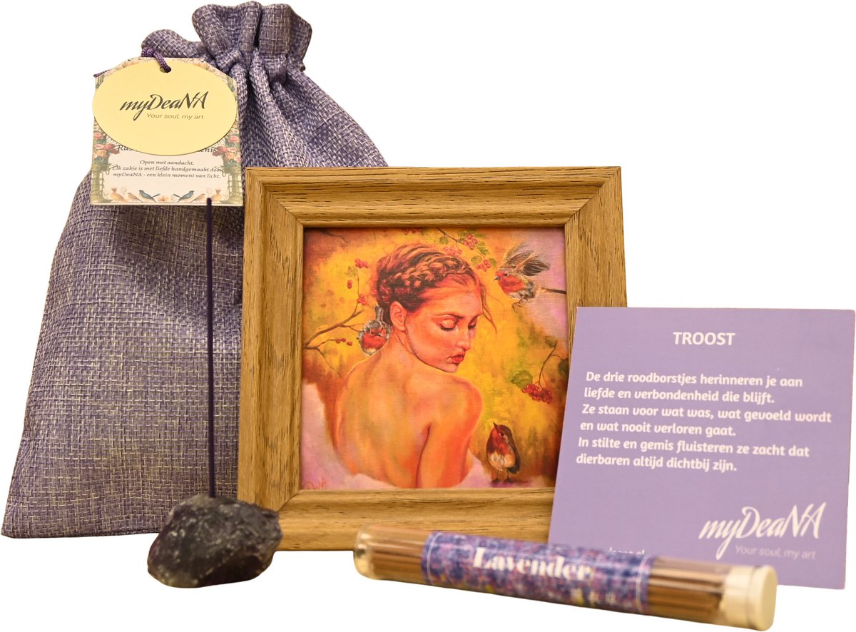 Zakje Troost - Mini artprint Roodborst in lijstje, amethist wierookhouder & wierook - spiritueel geschenk - cadeau vrouw