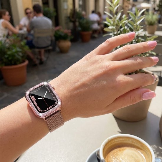 5 stuks Zwart transparant zilverkleurig roze en rosé goudkleurig smartwatch screenprotector met beschermhoes set geschikt voor Apple Watch 45 mm serie 7 / 8 / 9 PC case met dubbele rij strass steentjes