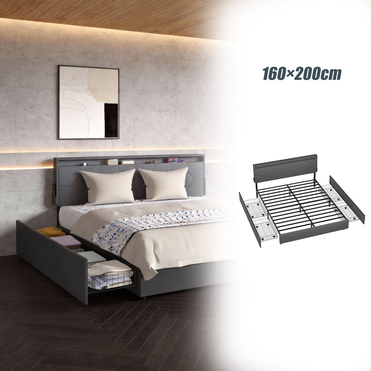 Aufun Gestoffeerd Bedframe Met Lades - 160×200 cm Donkergrijs - Linnen Stof - Voorzien Van Lades Voor Handige Opbergruimte En Hoge Functionaliteit.